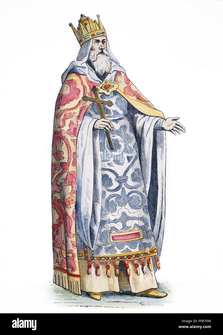 PRESTER JOHN. /NLegendary re Cristiano di Etiopia del XIV o XV secolo. Un xix secolo incisione su legno dopo Cesare Vacellio la xilografia di 1598. Foto Stock