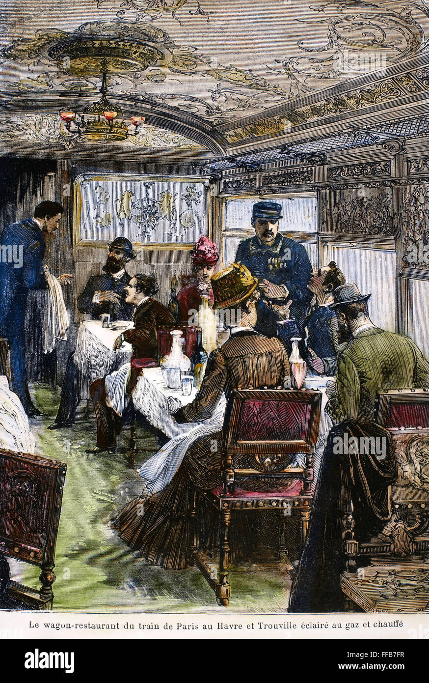 Ferrovia: carrozza ristorante, 1880. /NDining auto sulla linea ferroviaria da Parigi a Le Havre e Trouville in Francia. Incisione su legno, francese, c1880. Foto Stock