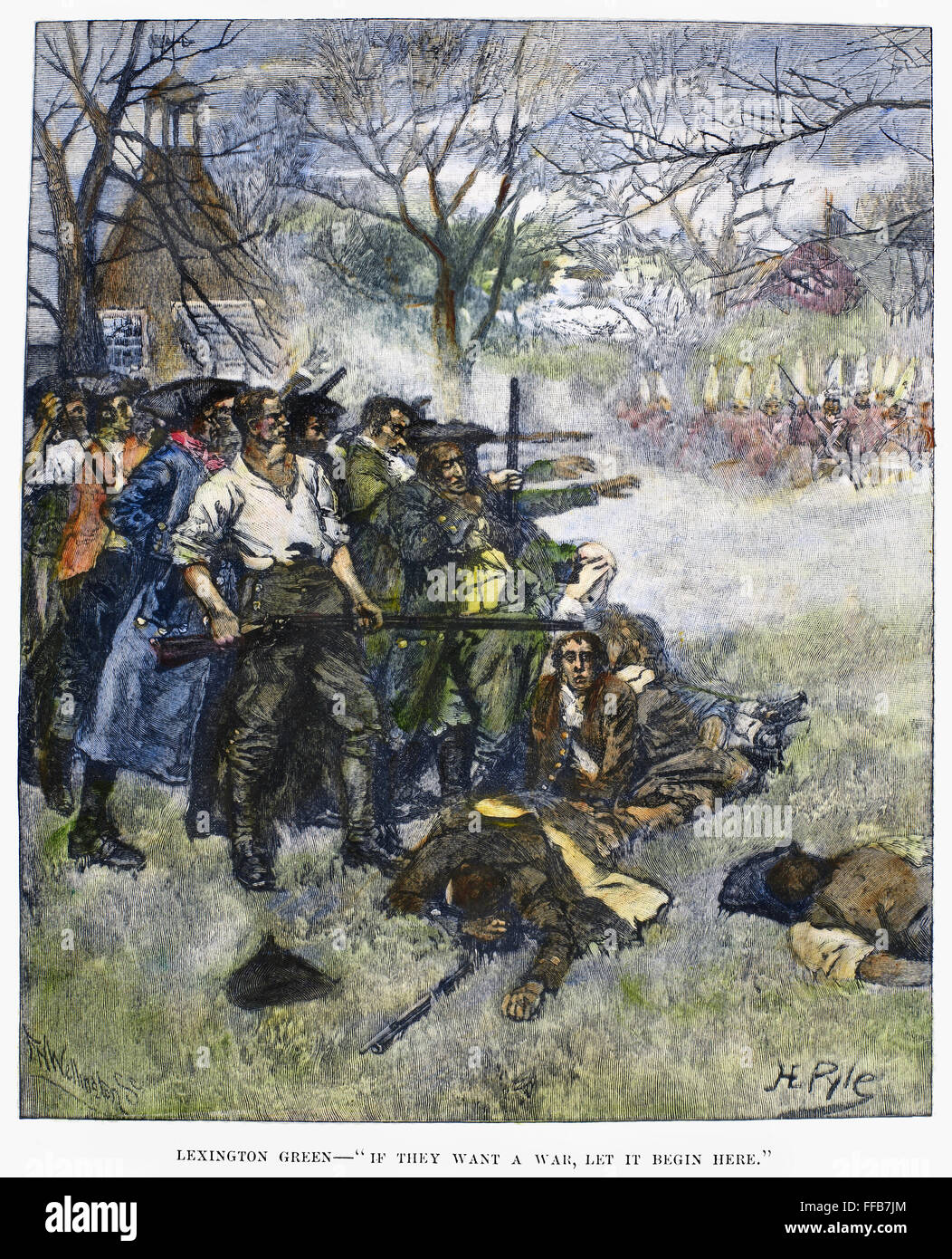 Battaglia di Lexington, 1775. /NColonial minutemen affrontare le truppe britanniche a Lexington Green all'inizio della Rivoluzione Americana, 19 aprile 1775. Incisione su legno, American, 1883, dopo Howard Pyle. Foto Stock