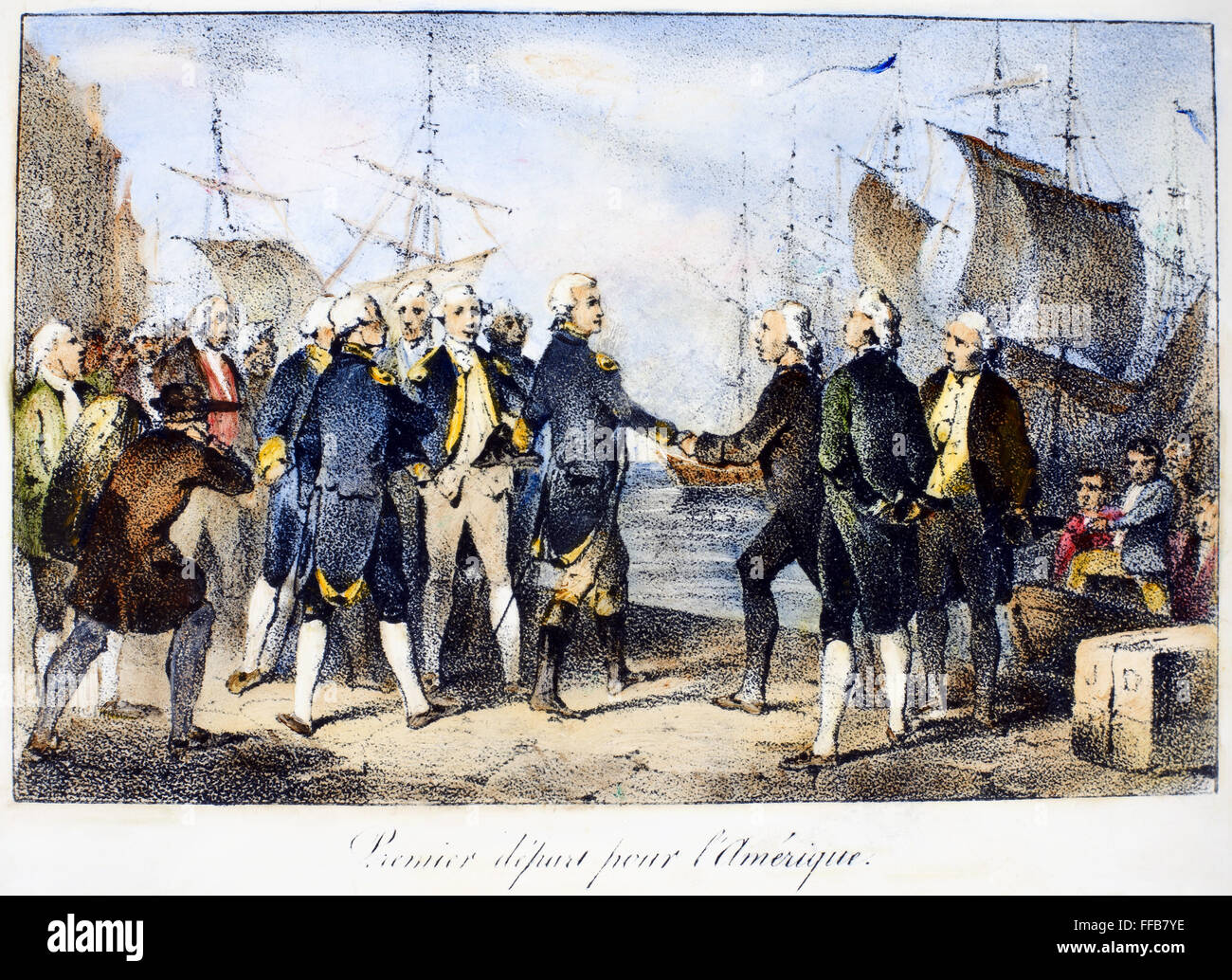 Il marchese de LAFAYETTE /n(1757-1834). Soldato francese e più. Lafayette la partenza per l'America, 1777. Litografia, francese del XIX secolo. Foto Stock