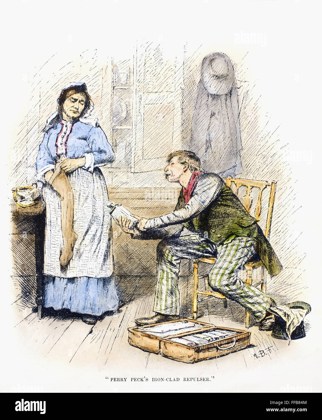 Medicina di brevetto venditore. /NAn brevetto ambulante venditore di medicina. La linea di incisione, American, fine del XIX secolo. Foto Stock