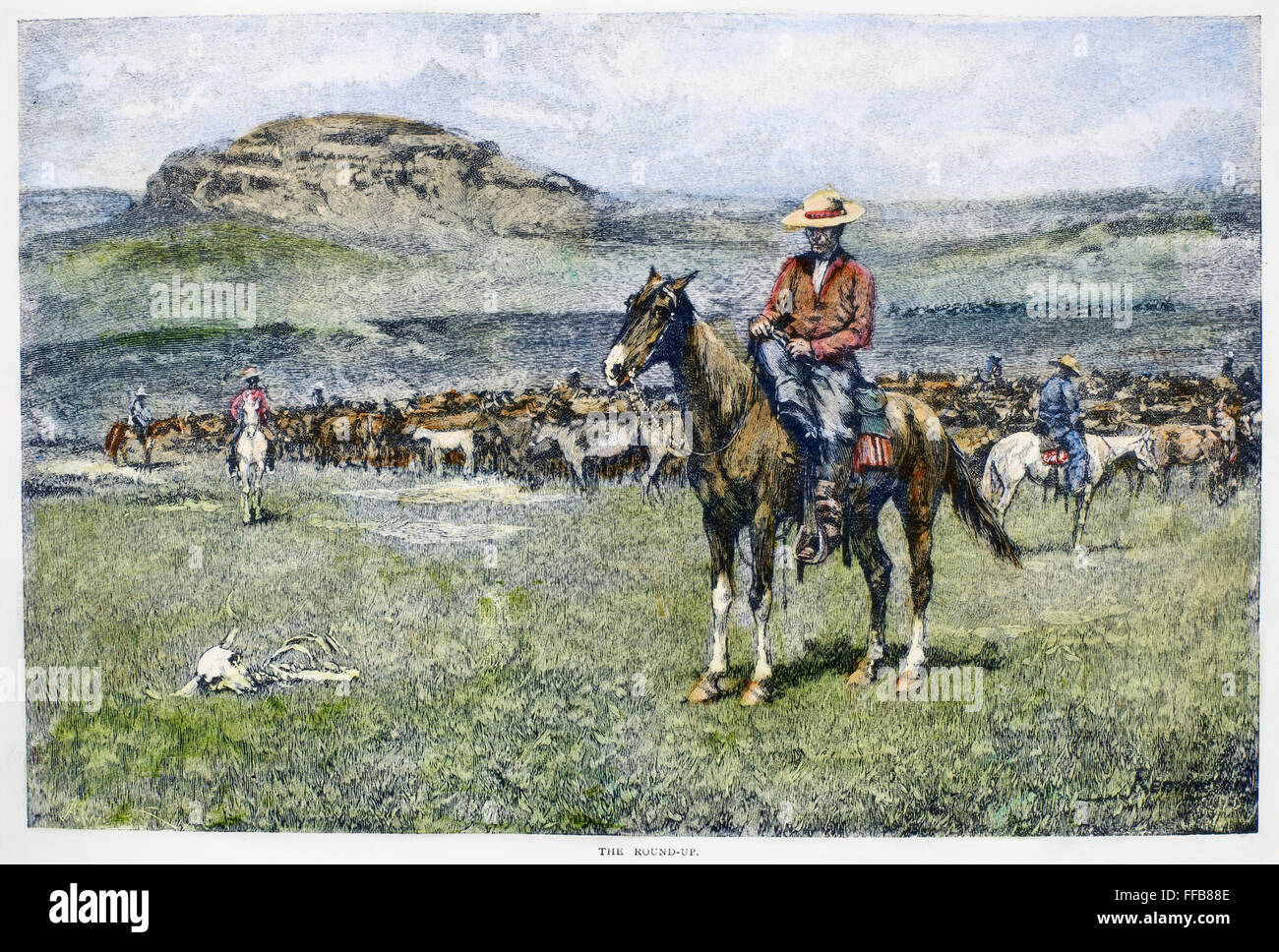 REMINGTON: cowboy, 1888. /N'Tegli Round-Up.' incisione su legno del 1888, dopo un disegno di Frederic Remington (1861-1908). Foto Stock