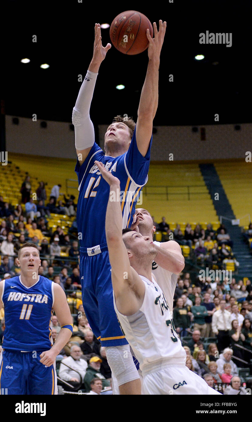 Williamsburg, VA, Stati Uniti d'America. Xi Febbraio, 2016. 20160211 - Hofstra avanti DENTON KOON (12) si eleva per un rimbalzo su William e Maria avanti SEAN SHELDON (31), posteriore e William e Maria guard DAVID COHN (34) nel primo semestre a Kaplan Arena a Williamsburg, Virginia Credit: Chuck Myers/ZUMA filo/Alamy Live News Foto Stock