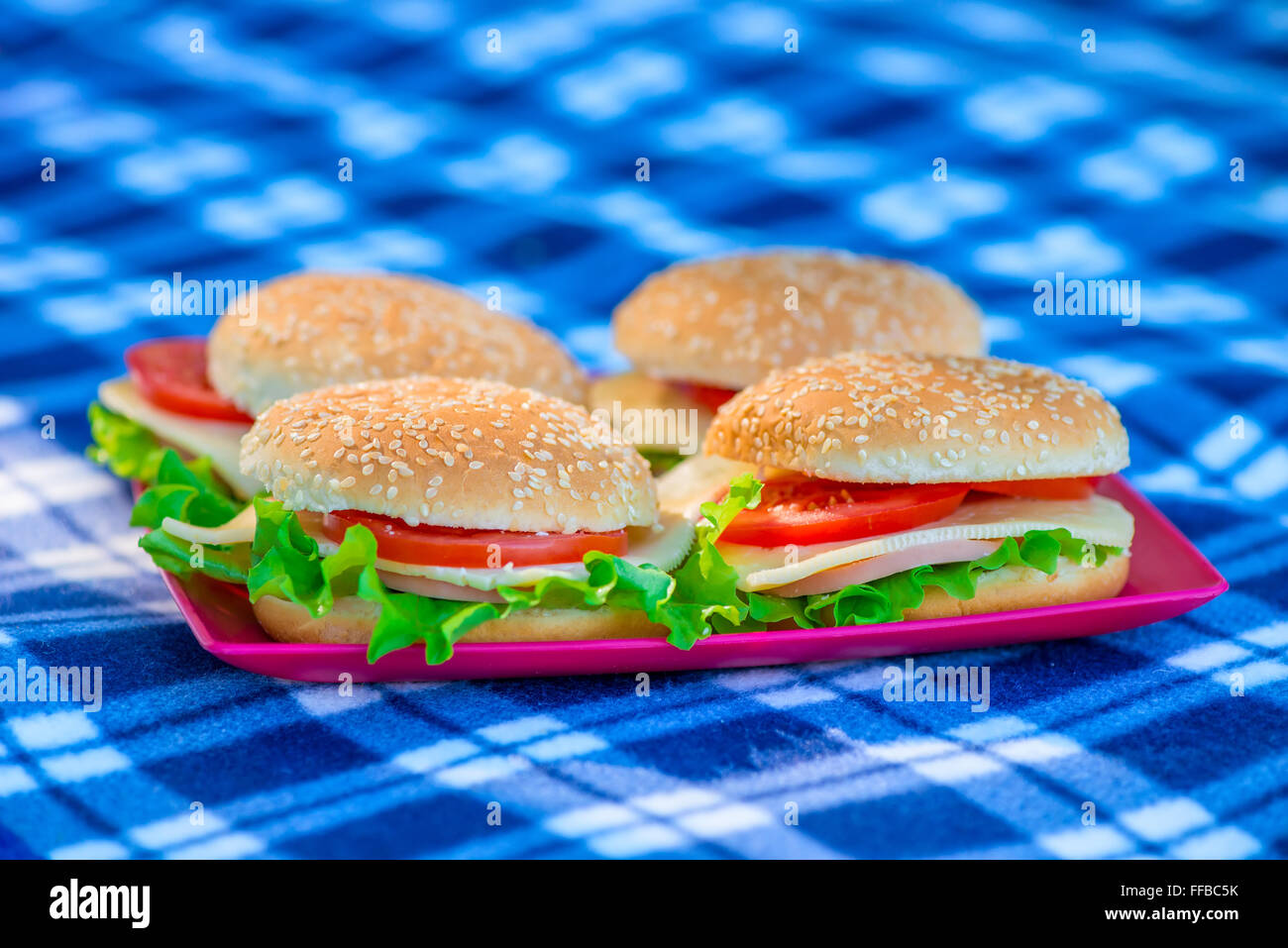 Quattro cheeseburger closeup su un plaid Foto Stock