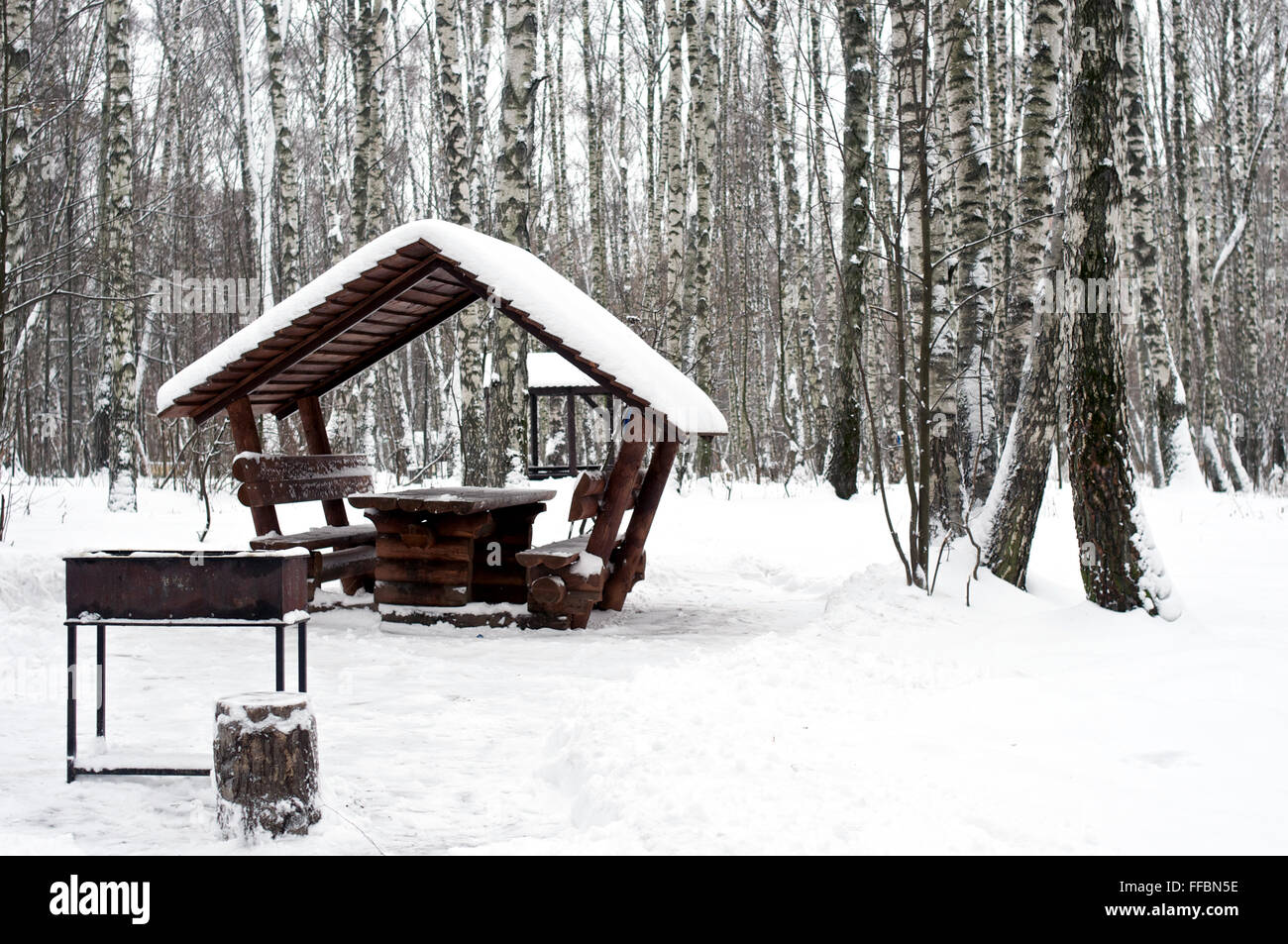 Alcova con braciere coperte di neve nel Parco durante la nevicata Foto Stock