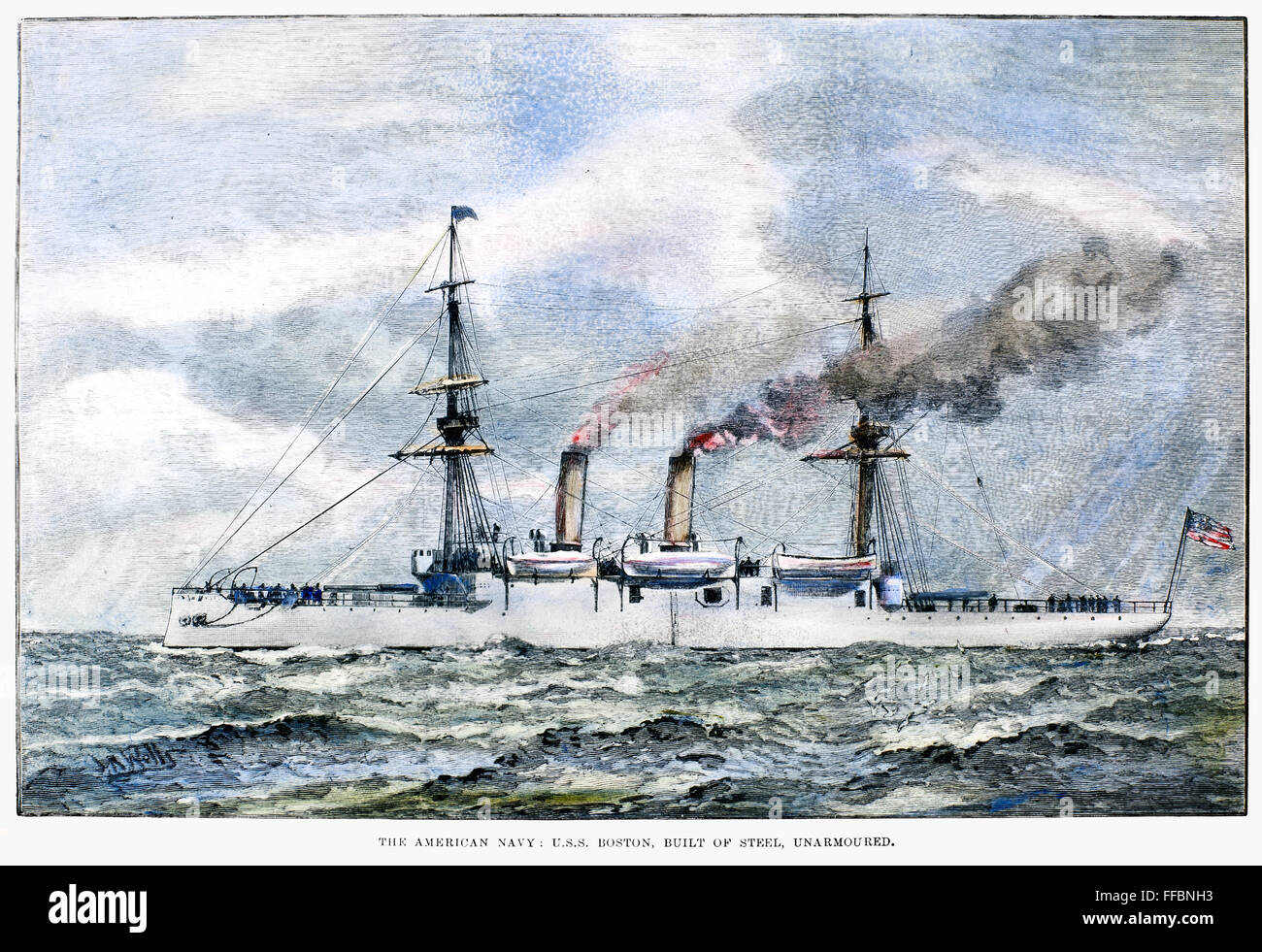 USS "Boston", 1890. /Nil acciaio unarmored cruiser USS "Boston.' incisione su legno, 1890. Foto Stock