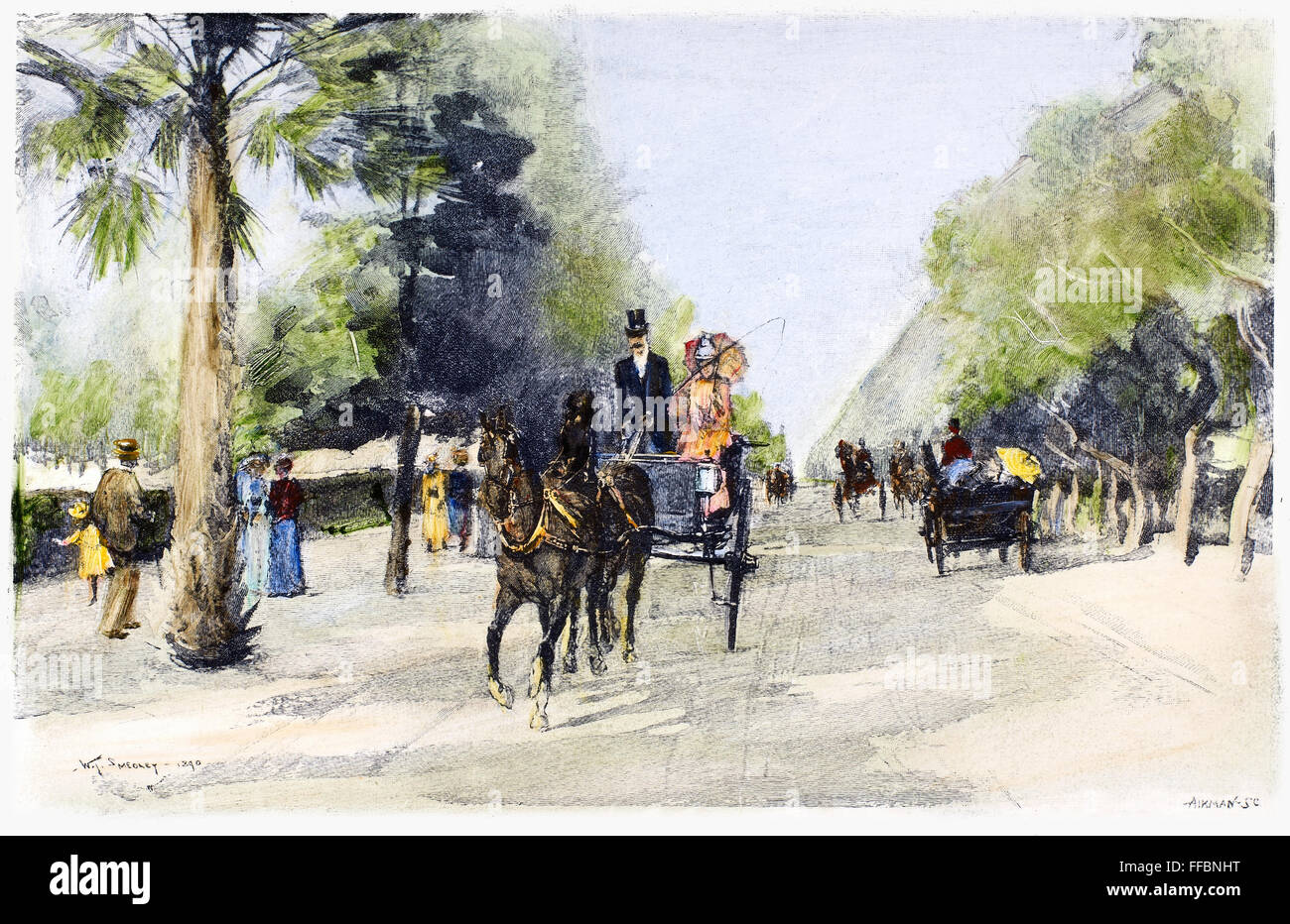 CALIFORNIA, 1890. /NScene su Magnolia Avenue in Riverside, California. Incisione su legno, 1890. Foto Stock