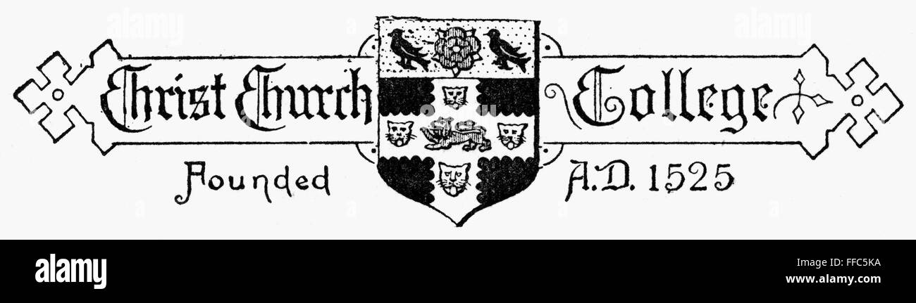 OXFORD: STEMMA. /NCoat di bracci del Christ Church College di Oxford University Oxford, Inghilterra. Incisione su legno, inglese, c1885. Foto Stock