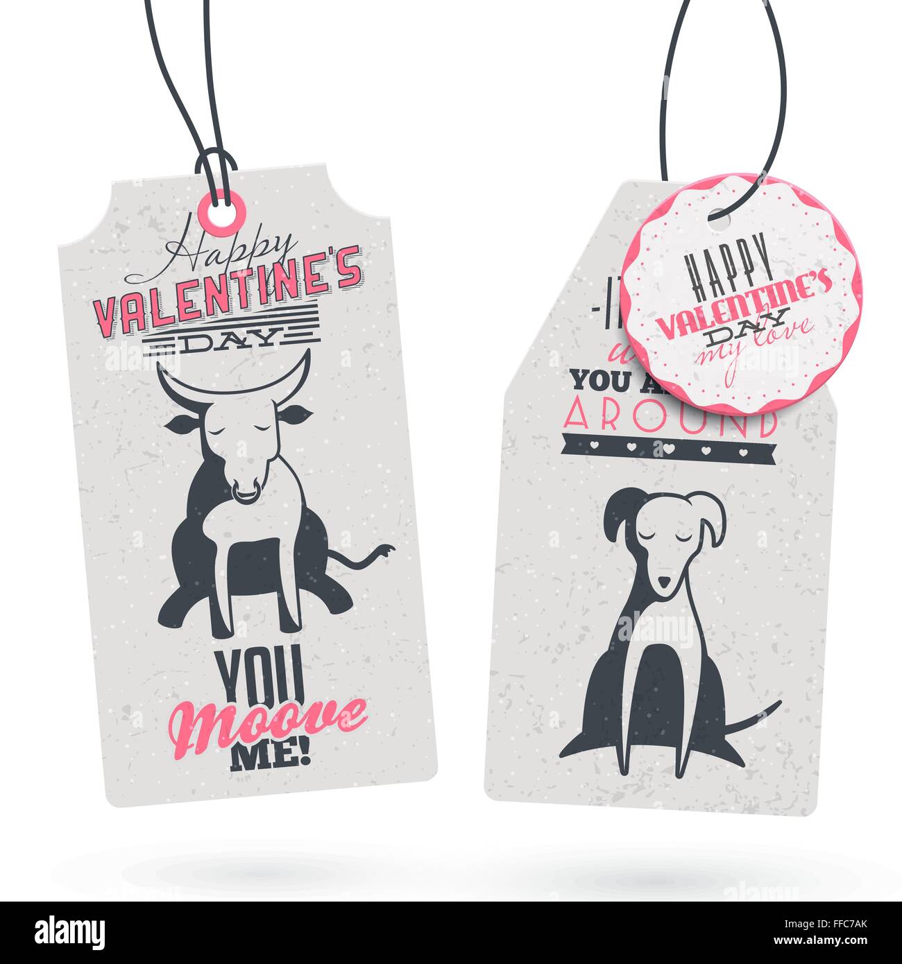 2 etichette regalo Vintage per San Valentino con caratteri tipografici e animali Illustrazione Vettoriale