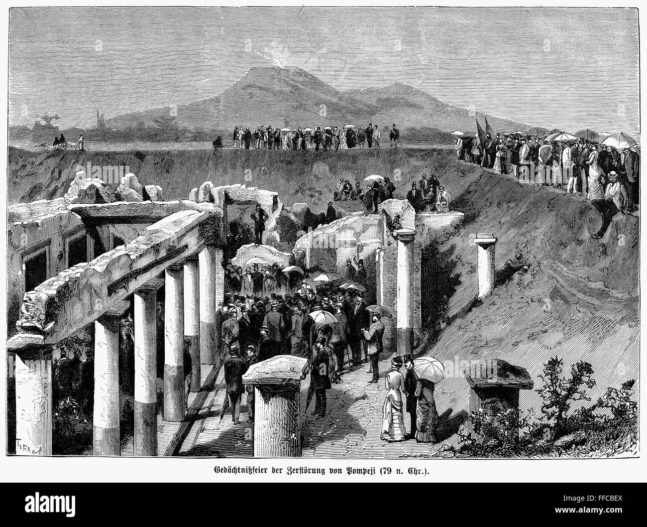Pompei: scavo, 1880. /NExcavation delle antiche rovine di Pompei, Italia. Incisione su legno, Tedesco, 1880. Foto Stock