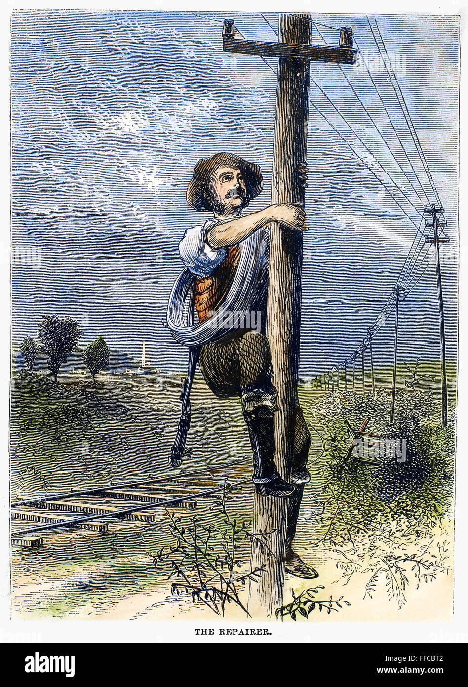 Riparazione del telegrafo uomo, 1873. /NA telegraph riparare l'uomo sulla frontiera americana. Incisione su legno, americano, 1873. Foto Stock