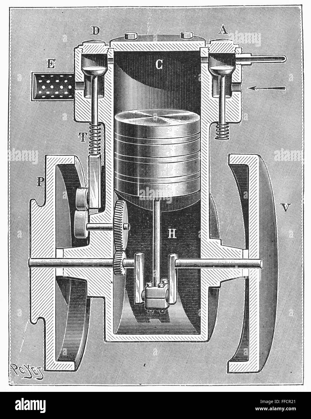 Motore di motocicletta, 1898. /NDetail di una motocicletta il motore. La linea di incisione, 1898. Foto Stock