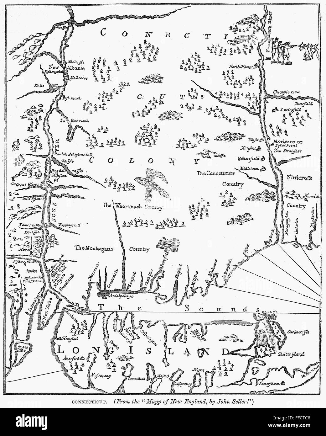 Mappa: Connecticut, 1661. /NMap del Connecticut nel 1661, da Giovanni venditore contemporaneo 'Map del New England.' incisione del XIX secolo. Foto Stock