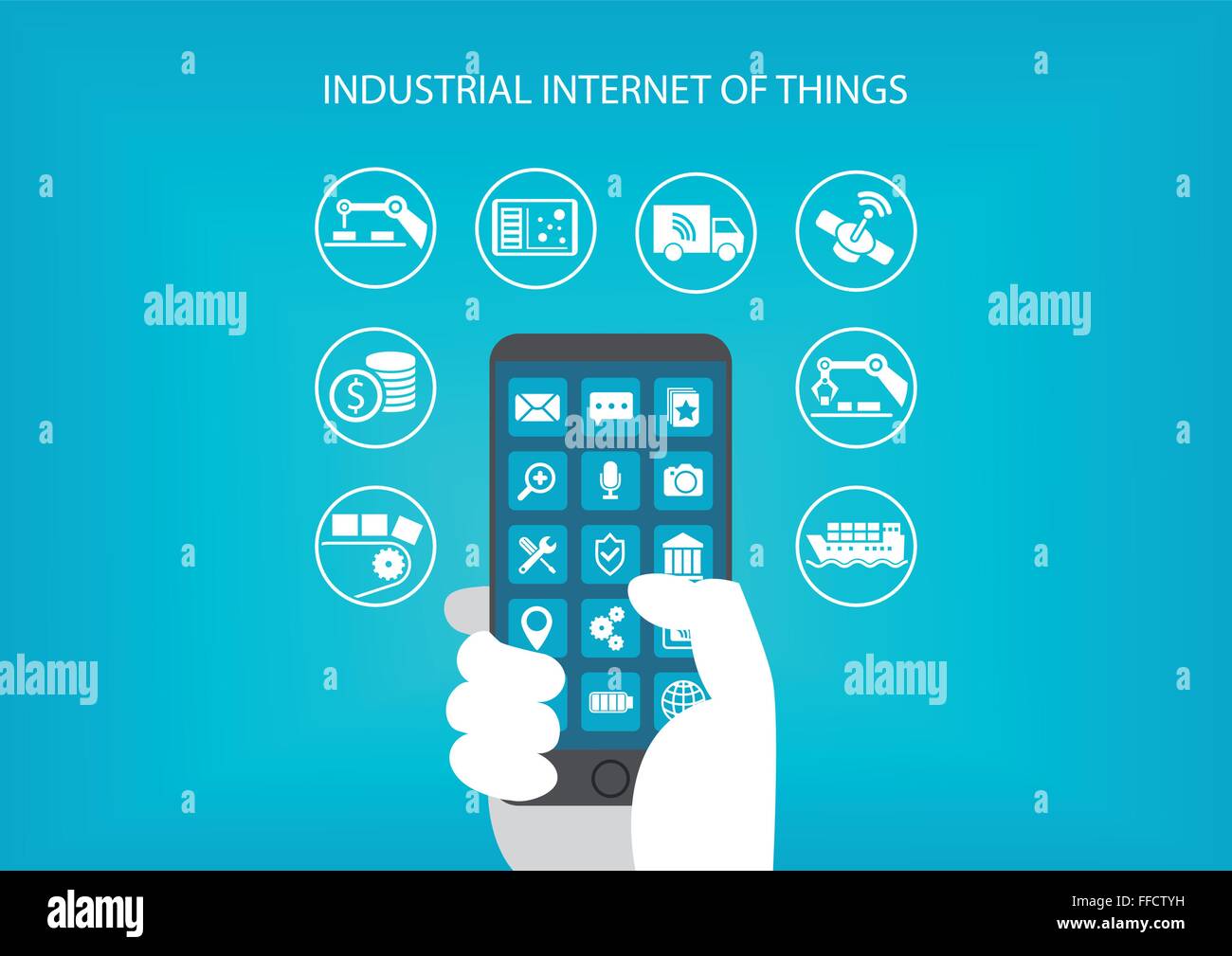 Internet industriale del concetto di cose. Mano azienda moderna dispositivo mobile come smart phone per connettersi a vari oggetti e devi Illustrazione Vettoriale