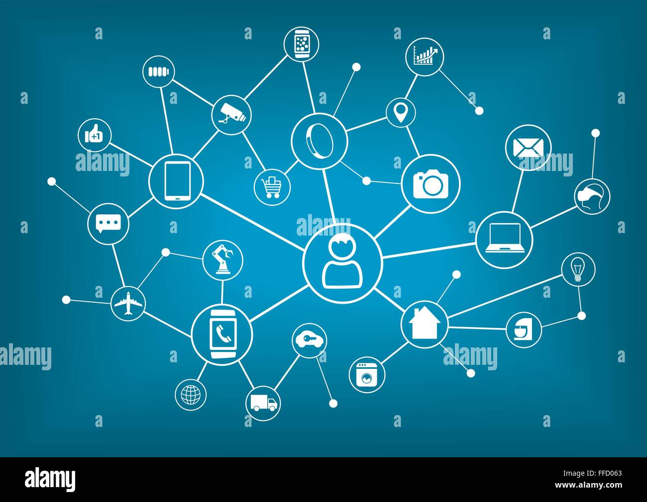 Internet delle cose (IOT) e il concetto di rete per dispositivi collegati. Spider Web di connessioni di rete Illustrazione Vettoriale