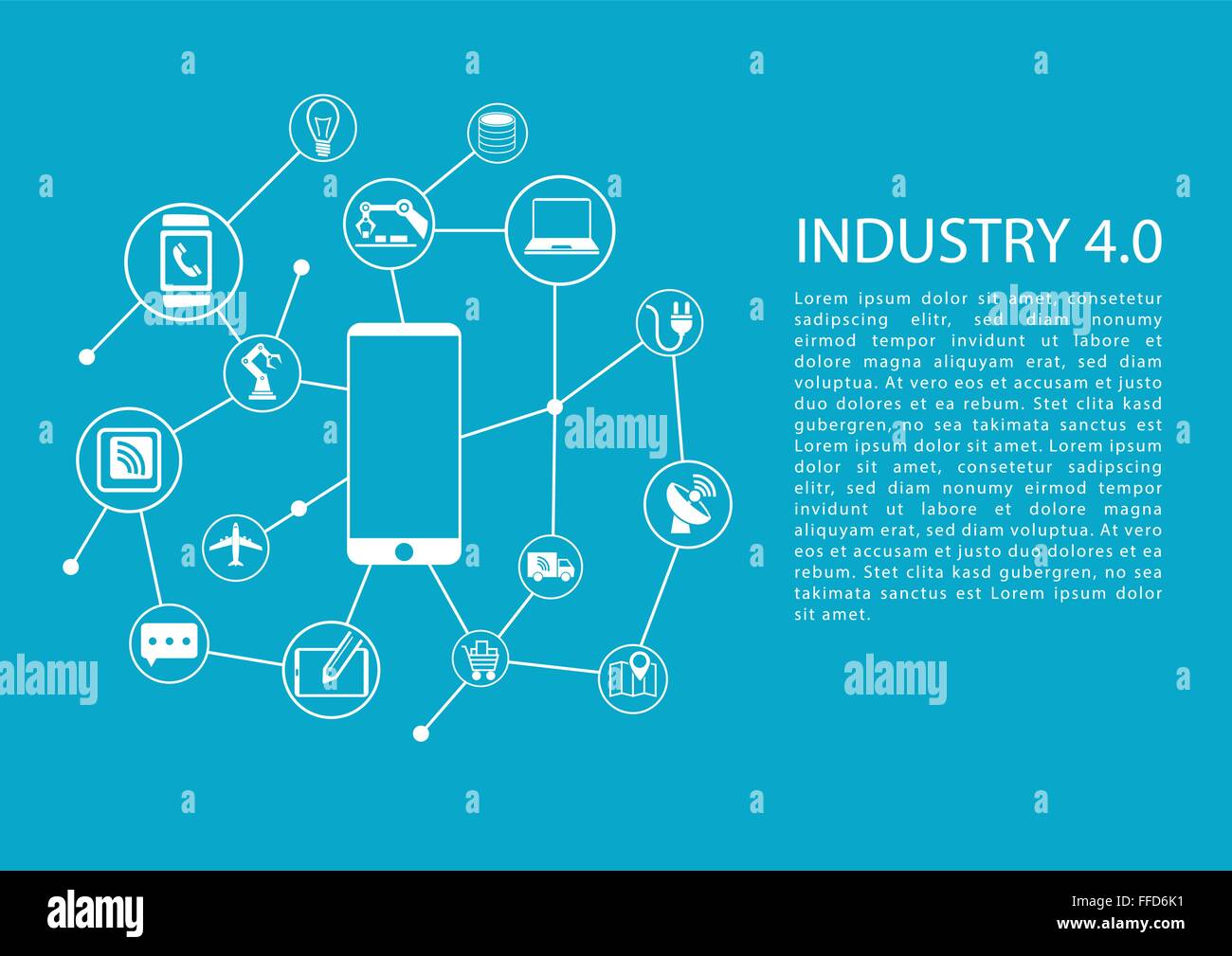 L'industria 4.0 / industriale internet delle cose concetto con telefono mobile collegato alla rete di dispositivi. Template vettoriale. Illustrazione Vettoriale