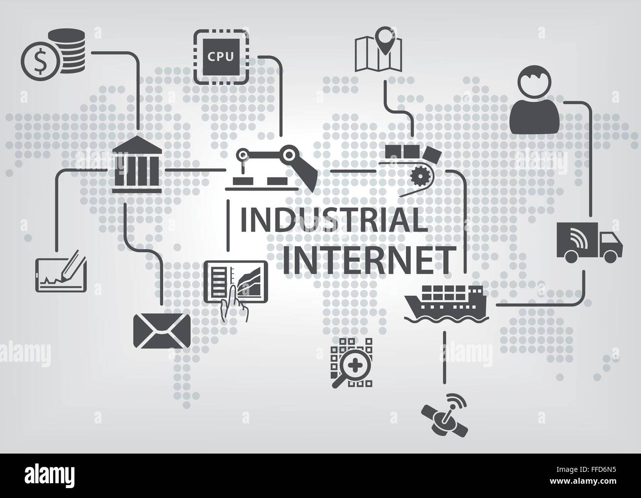 Internet industriale (IOT) concetto con mappa del mondo e il flusso di processo di automazione del business di industrie. Illustrazione Vettoriale