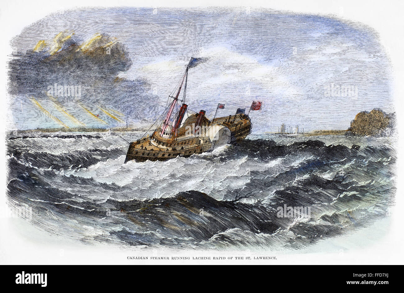 CANADA: STEAMBOAT, 1863. /NA Canadian steamboat in esecuzione il Lachine Rapids sul fiume San Lorenzo. Incisione su legno, inglese, 1863. Foto Stock