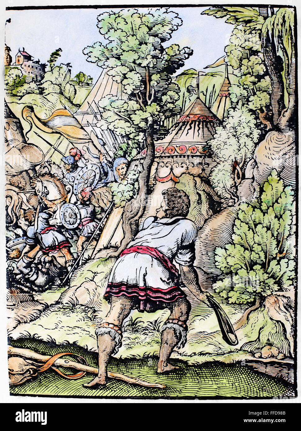 Davide e Golia. /NDavid si prepara a scagliare la sua pietra contro il Golia, il Filisteo warrior (1 Samuele 17: 48-49). Xilografia, XVI secolo, da Jost Amman. Foto Stock