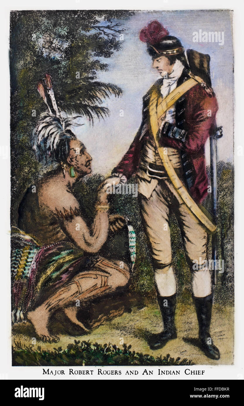 ROBERT ROGERS (1731-1795). /NAmerican soldato di frontiera. Rogers con un capo nativo americano. La linea di incisione, XVIII secolo. Foto Stock