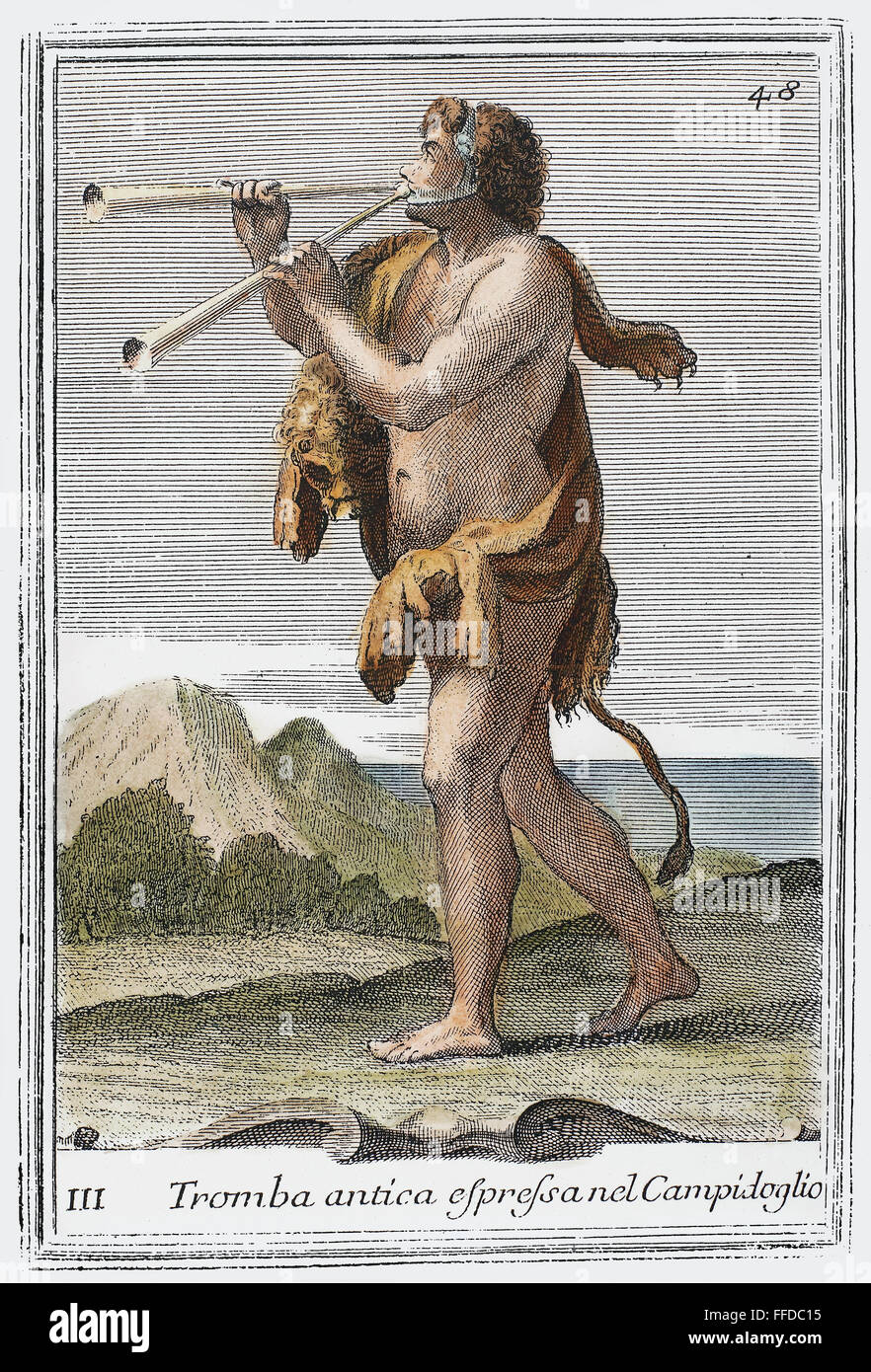 Doppio AULOS. /NMan giocare un doppio aulos, un antico strumento reed. Incisione su rame, 1723 da Arnold van Westerhout. Foto Stock