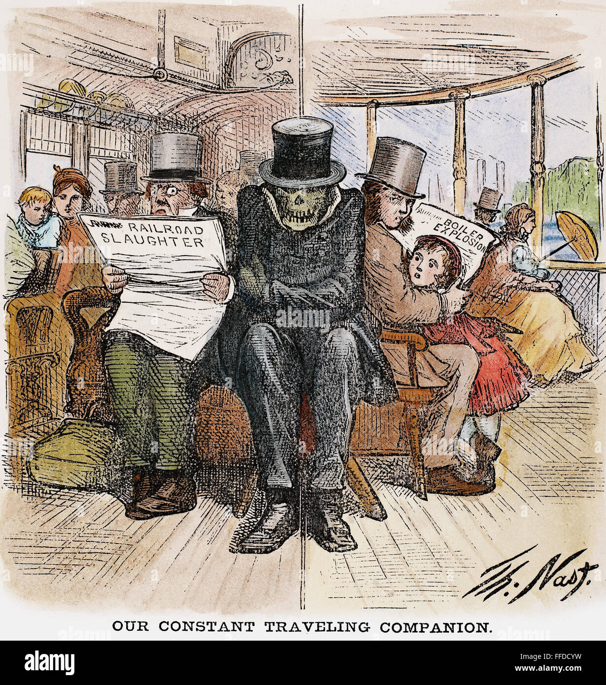Incidenti ferroviari, 1871. /N'la nostra costante compagna di viaggio." fumetto americano commento da Thomas Nast, 1871, il frequente ferrovia fatale (sinistra) e steamboat (destra) incidenti del tempo. Foto Stock