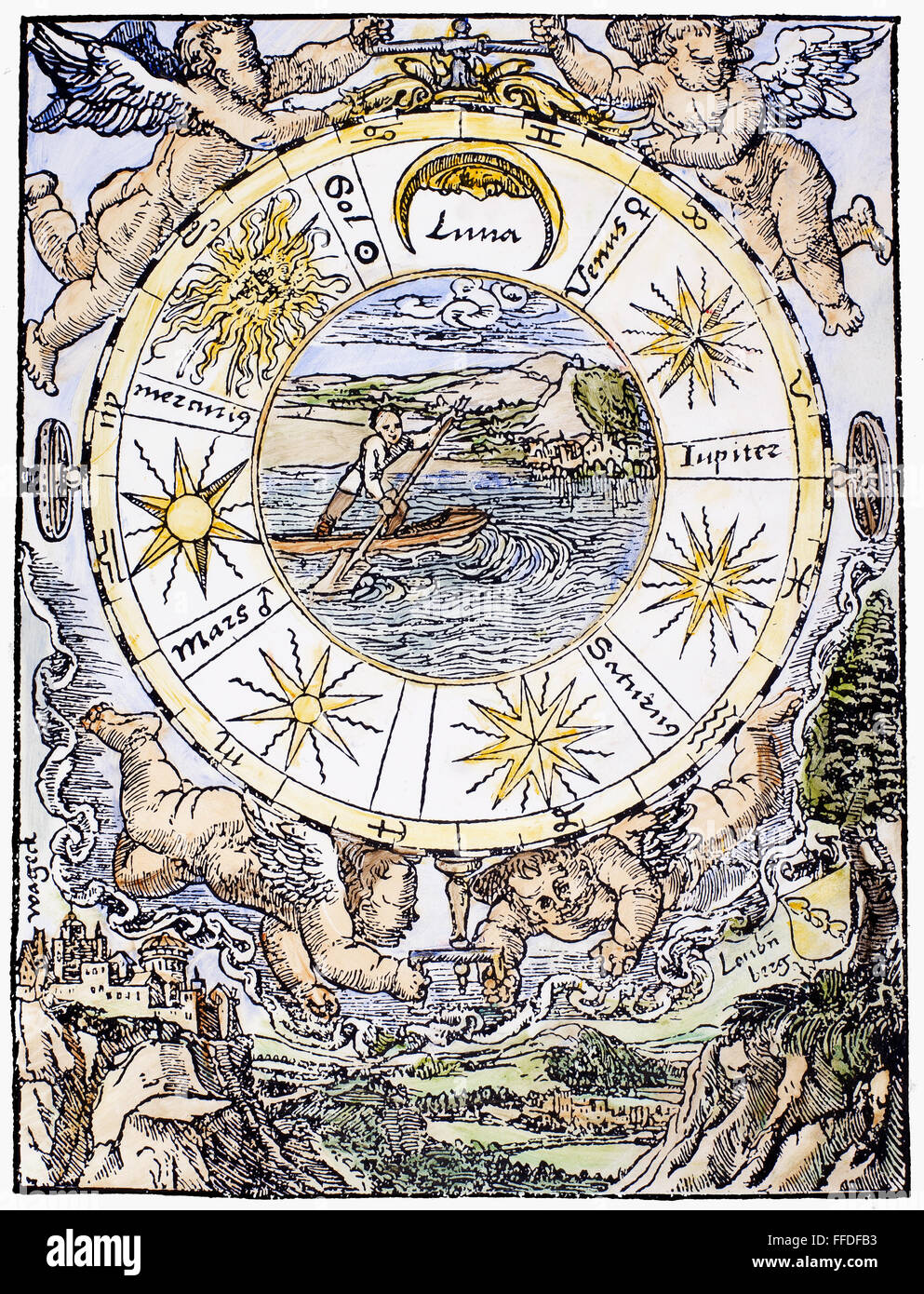 I sette pianeti, 1536. /NAstrological diagramma che mostra i sette pianeti e i dodici segni dello zodiaco ruotando intorno alla terra. Xilografia da Sebastian Mⁿnster "Organum Uranicum", Basilea, Svizzera, 1536. Foto Stock