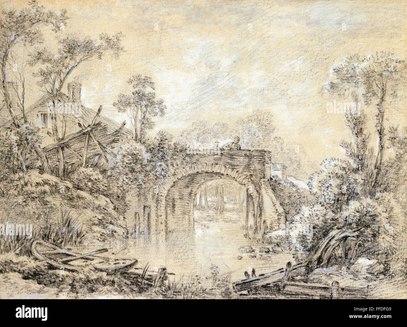 BOUCHER: Paesaggio, c1740. /NLandscape con un rustico ponte. Chalk disegno da Francois Boucher, c1740. Foto Stock
