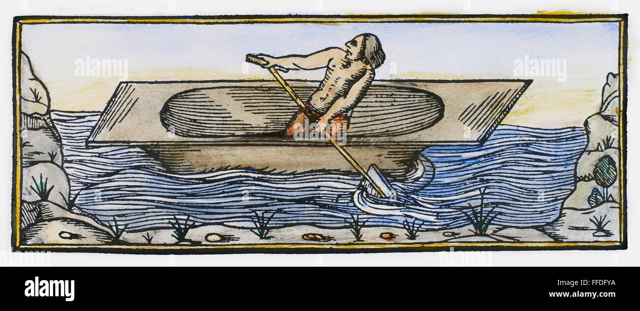 NATIVE AMERICAN canoa, 1547. /NA Native American man paddling una piroga. Xilografia da Fernßndez de Oviedo 'La Historia general de las Indias," 1547. Foto Stock