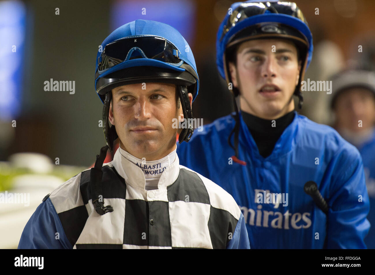 Meydan, 11 febbraio, 2016. Pat Dobbs prima di equitazione fiume polare per win UAE 1000 Guinea per istruttore Doug Watson a Meydan in Dubai World Cup Carnival Credit: Tom Morgan/Alamy Live News Foto Stock