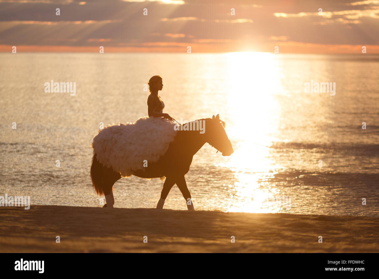 Sposa su un cavallo al tramonto sul mare nel loro giorno di nozze Foto Stock