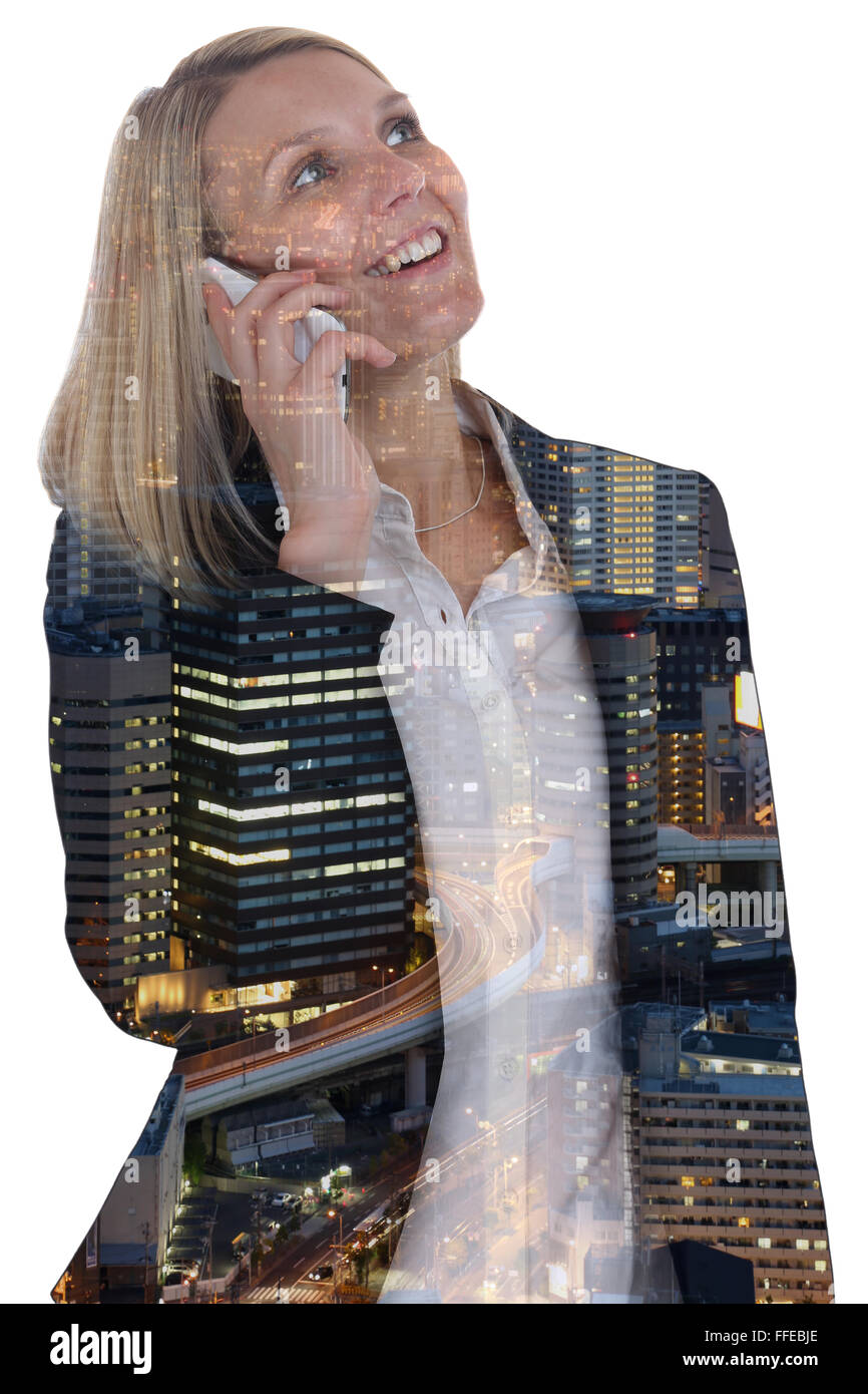 Business donna smartphone mobile smart phone calling imprenditrice telefono doppia esposizione isolato su uno sfondo bianco Foto Stock