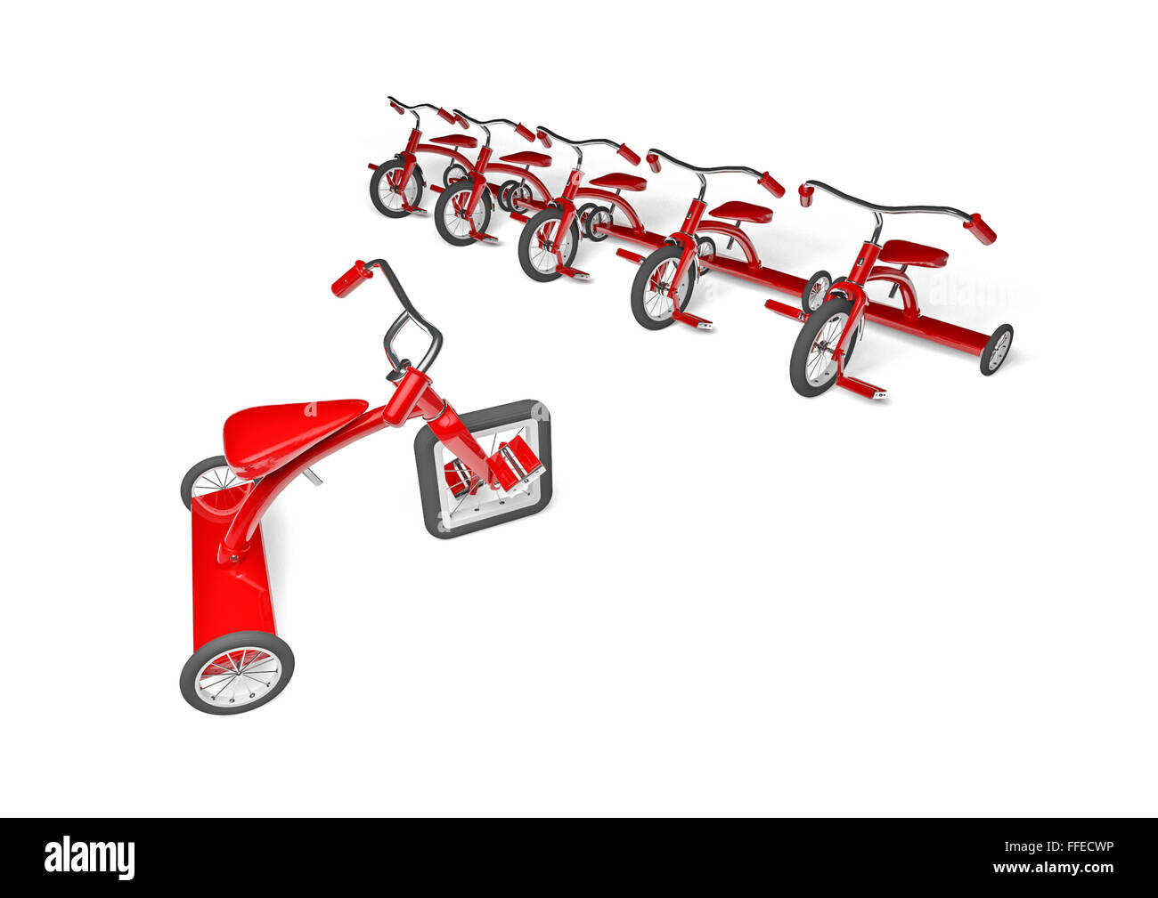 Triciclo con difetto di progetto / 3D render di triciclo con piazza pneumatico anteriore Foto Stock
