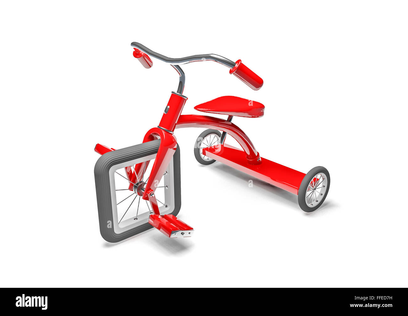 Triciclo con difetto di progetto / 3D render di triciclo con piazza pneumatico anteriore Foto Stock