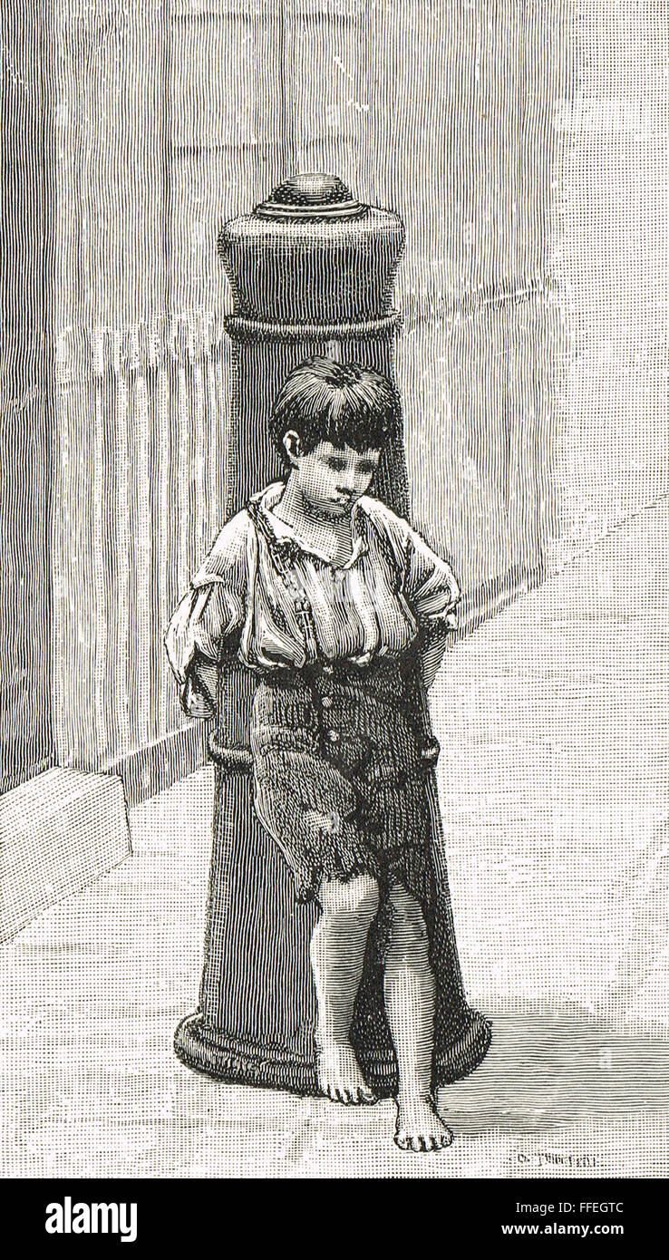 Annoiato Victorian London Street Arab appoggiata sul post Foto Stock