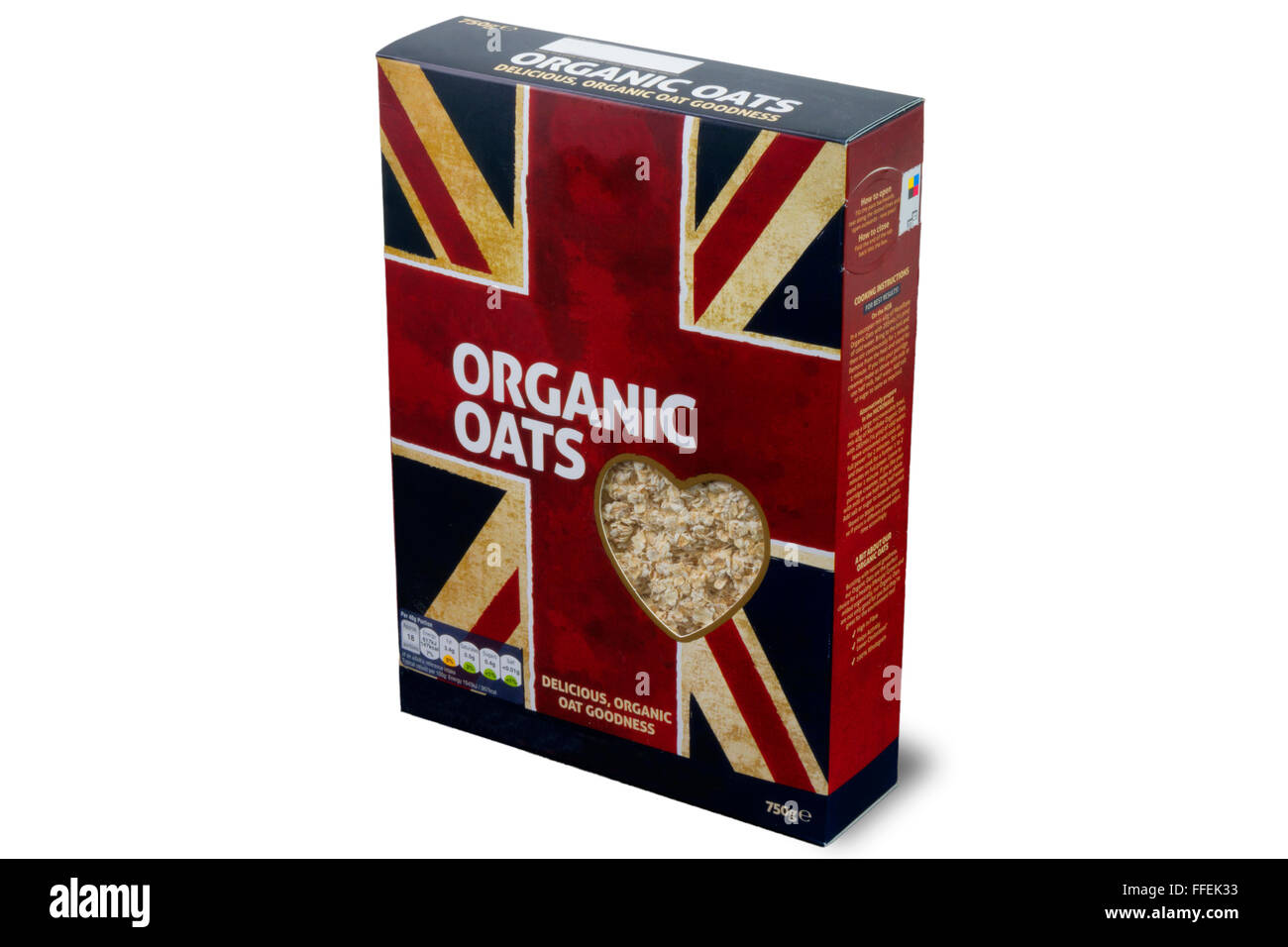 La colazione scatola di cereali di avena organici su sfondo bianco Foto Stock