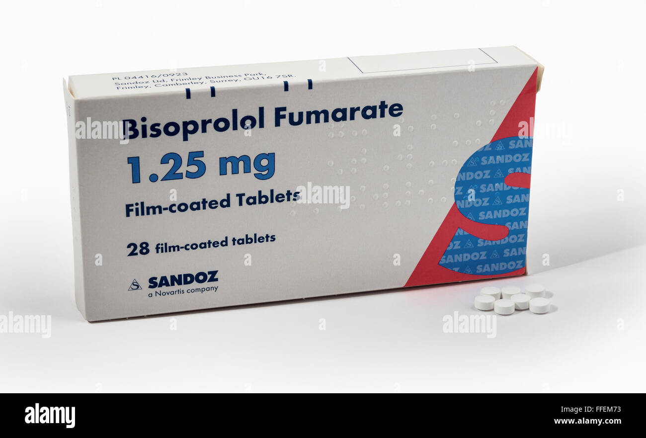 Una scatola di Bisoprolol Furmarate, una beta-bloccante farmaco spesso usato per abbassare la pressione sanguigna Foto Stock