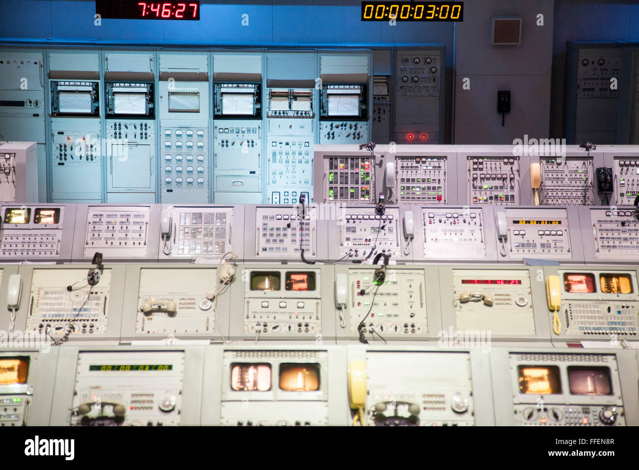 Originale Apollo pannelli di controllo sul display al Kennedy Space Center, Florida, Stati Uniti d'America Foto Stock