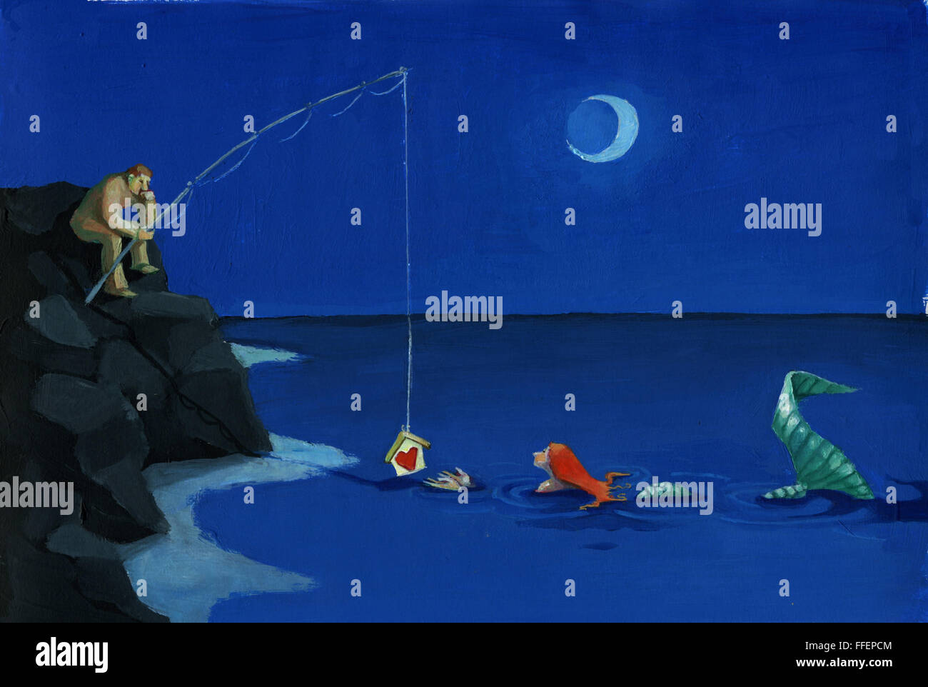 Un uomo pesca con una allettante della sirena cuore Foto Stock