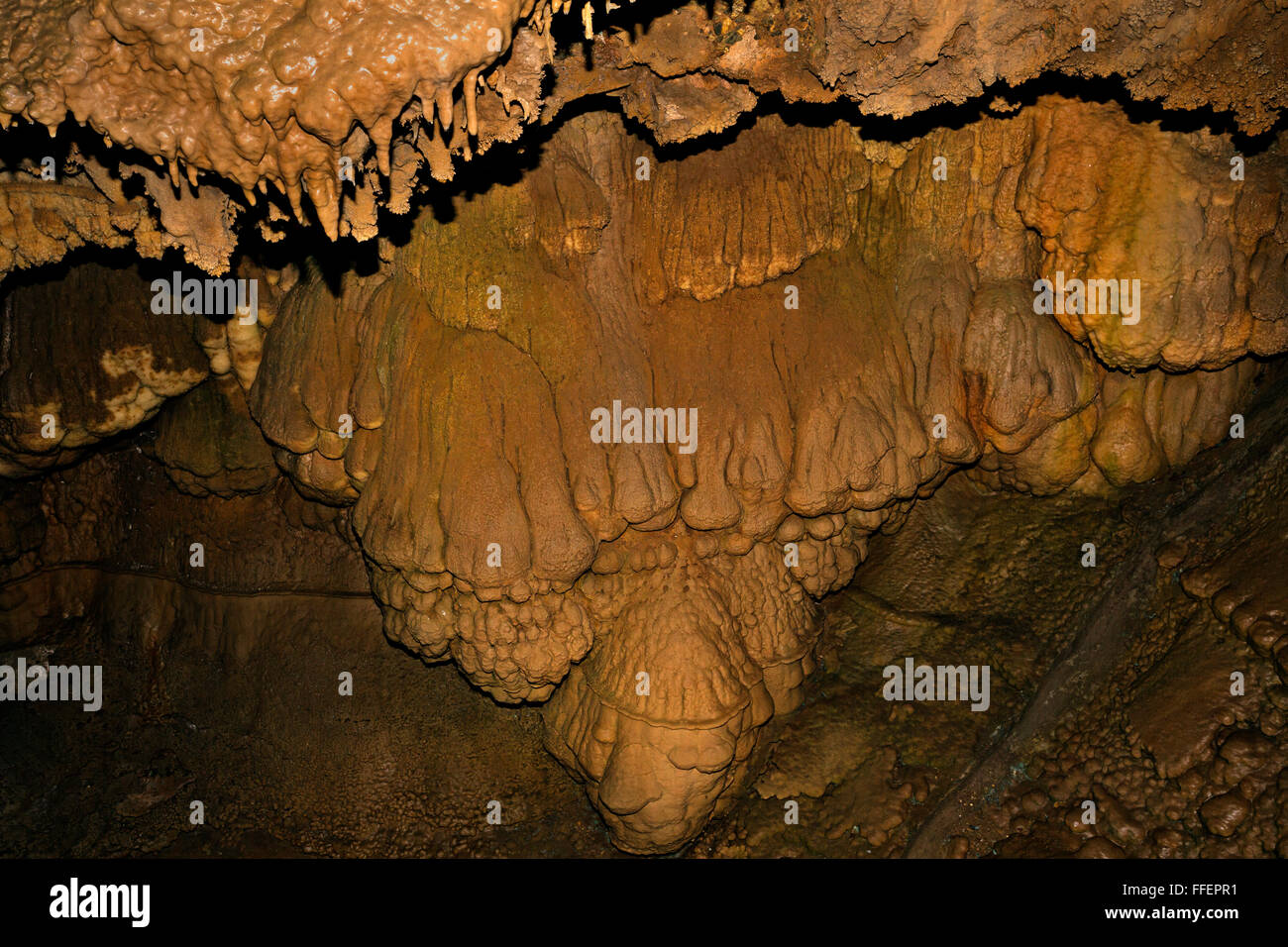 CA02845-00...CALIFORNIA - Flowstone e colonne scanalate nel calcare Lago Shasta caverne, una naturale nazionale di riferimento. Foto Stock