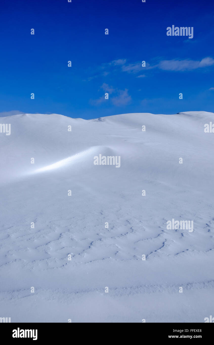 Dune di neve, luci e ombre, inverno, cielo blu, il paesaggio. Calma e tranquilla, ancora scena. Foto Stock