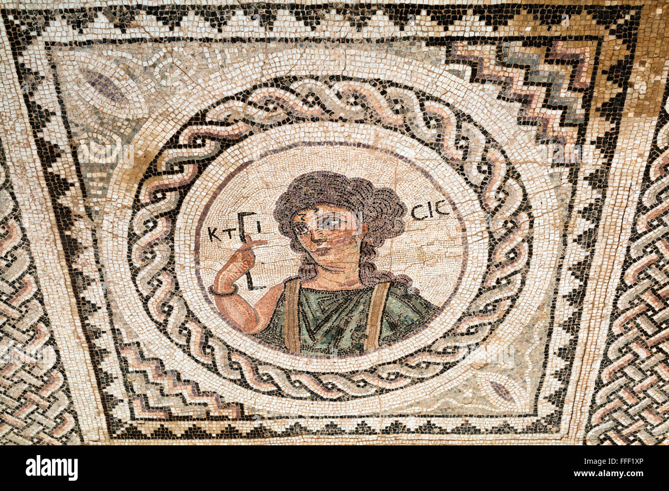 Mosaici in casa di Eustolios (IV secolo), antica città greca Kourion, vicino a Limassol, Cipro Foto Stock