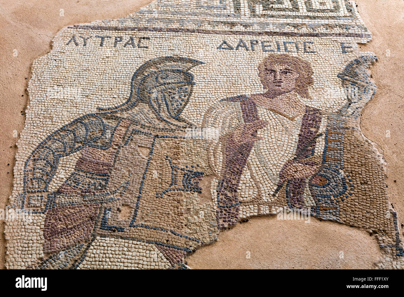 Mosaici in casa dei gladiatori (terzo secolo), antica città greca Kourion, vicino a Limassol, Cipro Foto Stock