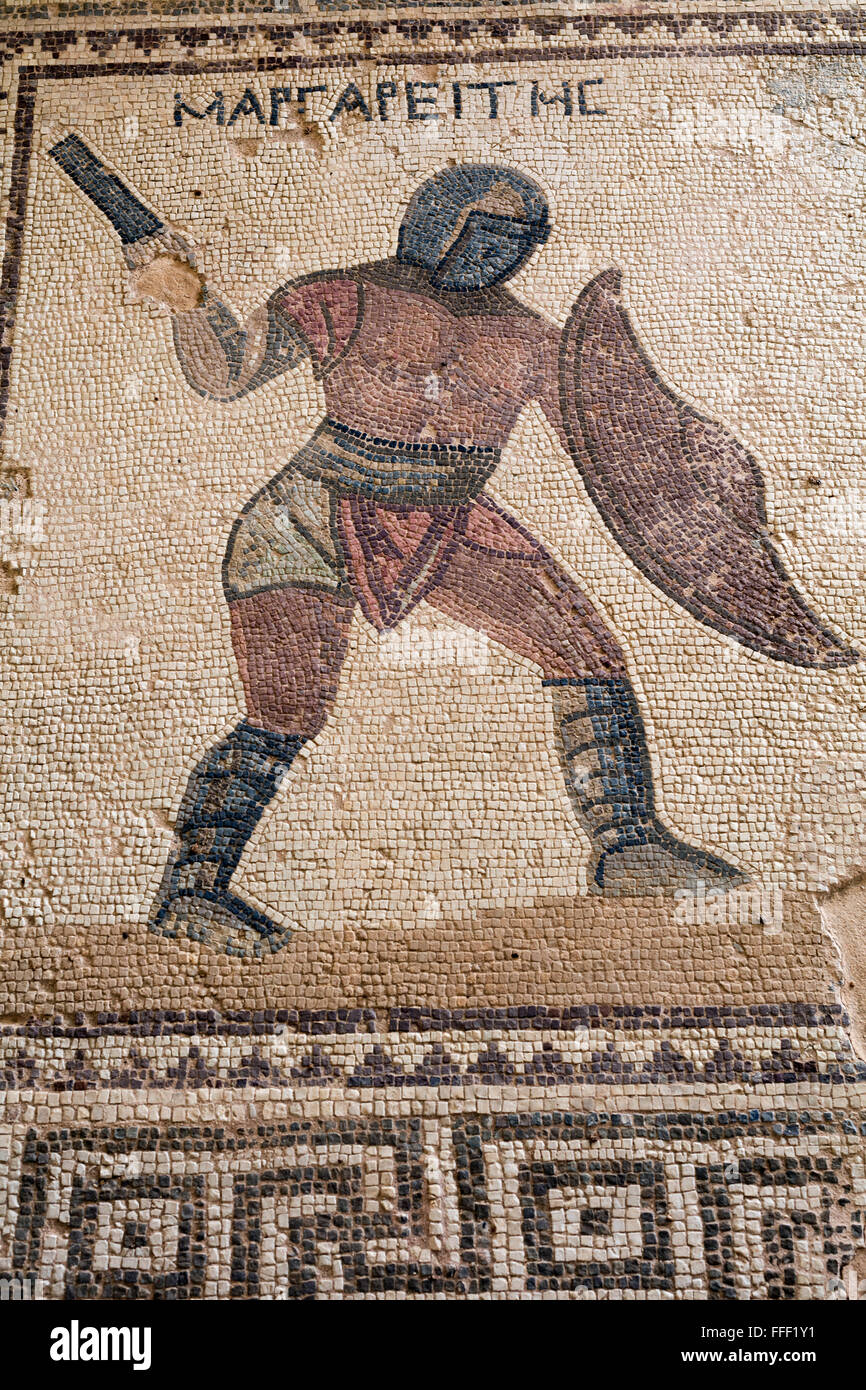 Mosaici in casa dei gladiatori (terzo secolo), antica città greca Kourion, vicino a Limassol, Cipro Foto Stock