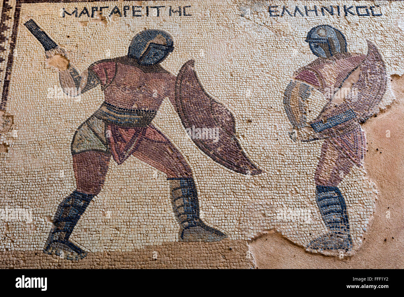Mosaici in casa dei gladiatori (terzo secolo), antica città greca Kourion, vicino a Limassol, Cipro Foto Stock