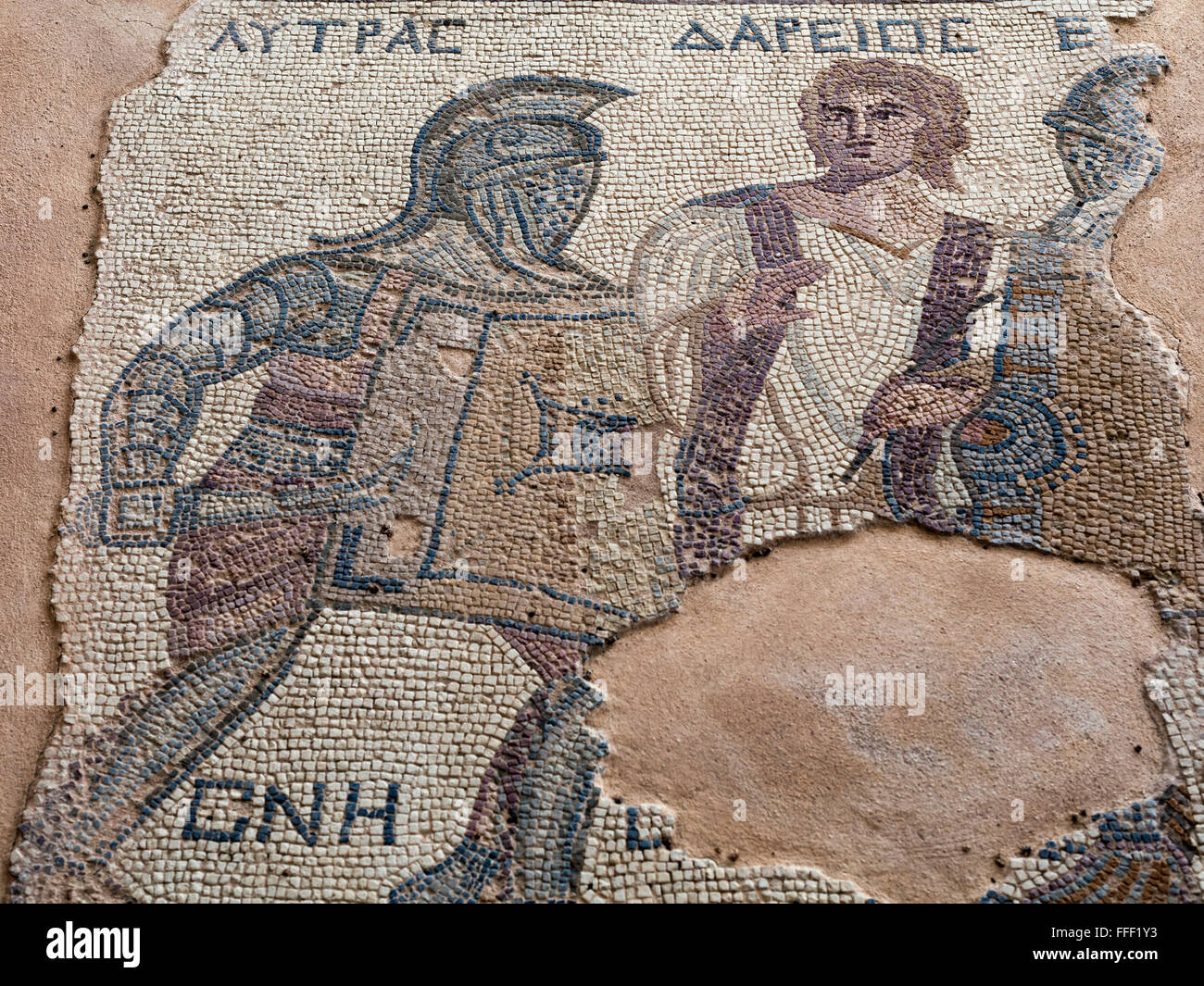 Mosaici in casa dei gladiatori (terzo secolo), antica città greca Kourion, vicino a Limassol, Cipro Foto Stock