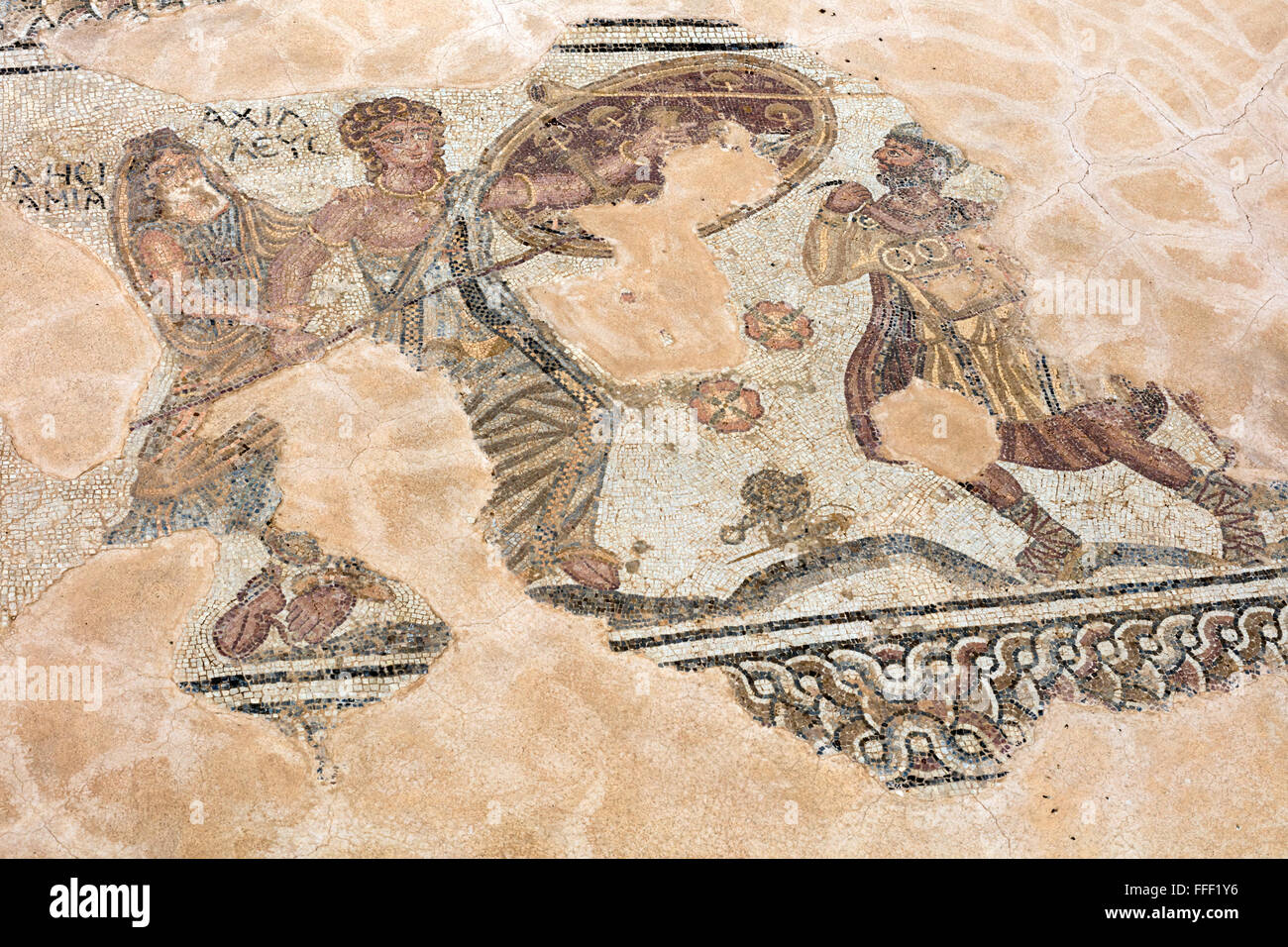 Mosaici in casa di Achille (IV secolo), antica città greca Kourion, vicino a Limassol, Cipro Foto Stock