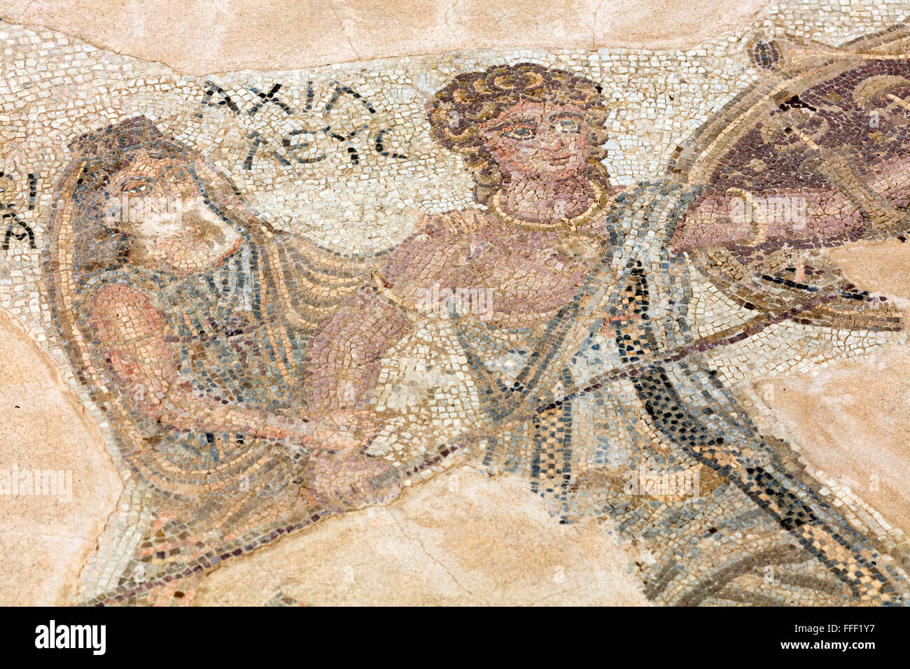 Mosaici in casa di Achille (IV secolo), antica città greca Kourion, vicino a Limassol, Cipro Foto Stock