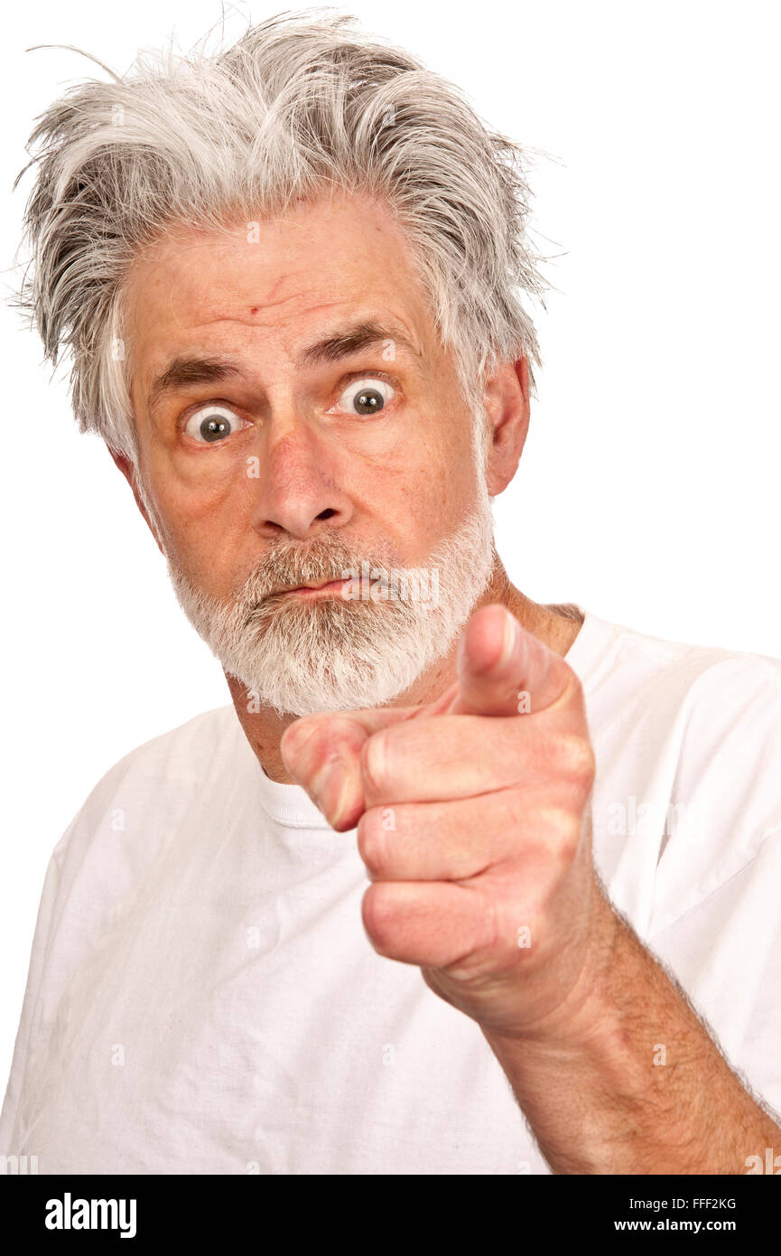 Crazy Old Man puntare il dito Foto Stock