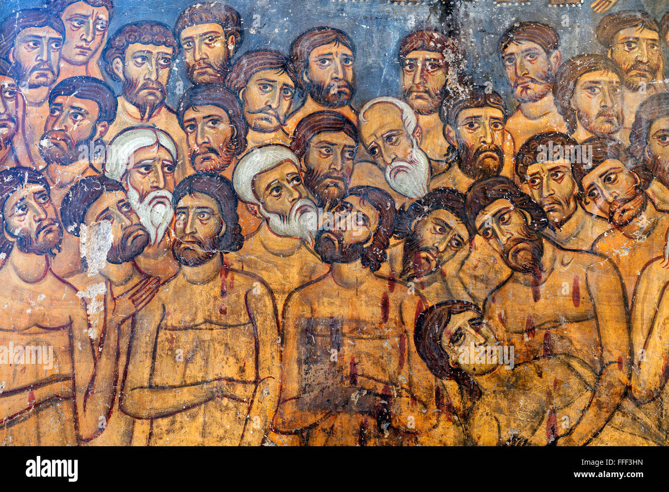 Affresco bizantino con quaranta martiri di Sebaste, chiesa di monti Troodos, Cipro Foto Stock